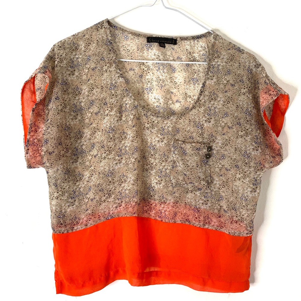 Lucca Couture Sheer Neutral Floral Two Tone Short Sleeve Blouse